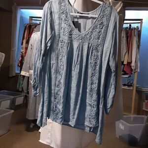 S. R. Fashion Blue V-neck Embroidered Tunic NWT